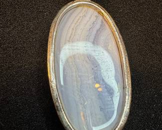 Oval Blue Lace Agate Pendant in Silver Setting