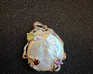 Sterling Silver Baroque Pearl and Tri-Gemstone Pendant