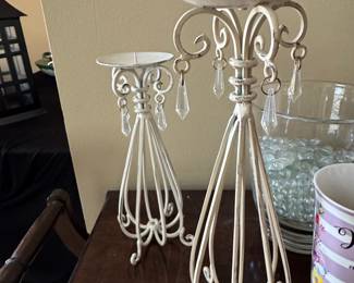 Pair of White Distressed Metal Candelabra with Crystal Accents