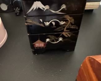 Japanese Lacquerware Tansu Style Jewelry Box with Mt. Fuji and Pagoda Motif