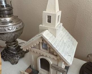 Wooden Church Model with Marriage License Information Sign