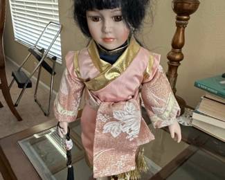 Vintage Porcelain Geisha Doll in Pink Kimono with Tassels