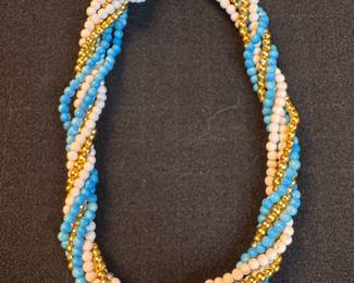 Multi-Strand Blue, White, and Gold-Tone Seed Bead Necklace