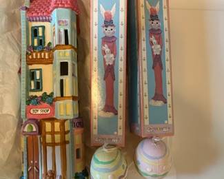 Hermitage Pottery Toy Shop Building and Easter Figurines