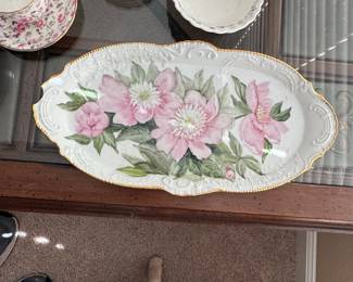 Hand-Painted Pink Peony Porcelain Serving Tray with Gold Trim
