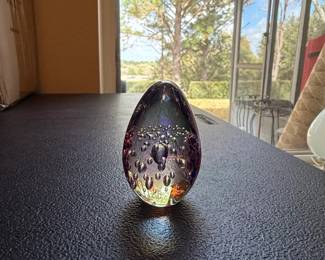Glass Egg Paperweight with Internal Bubbles and Purple Hue