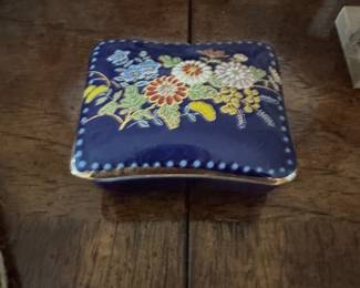 Japanese Cobalt Blue Floral Porcelain Trinket Box