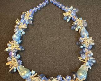 Blue Crystal and Pearl Beaded Necklace