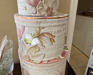 Set of 3 Decorative Round Storage Boxes with Magnolia and Musical Notes Design