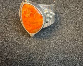 Native American Sterling Silver "950" Orange Spiny Oyster Ring