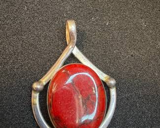Sterling Silver Red Jasper Pendant with Abstract Setting