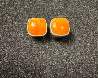 Southwestern Sterling Silver Orange Spiny Oyster Earrings
