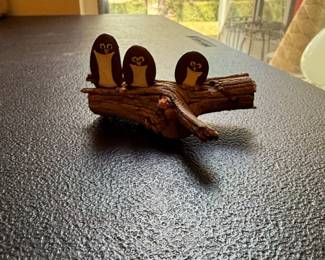 HandPainted Stone Penguin Family on Driftwood