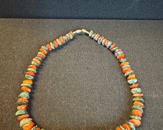 Navajo Orange Spiny Oyster and Turquoise Necklace