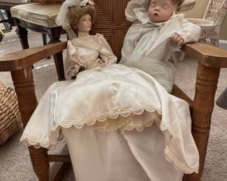 Vintage Porcelain Bride and Groom Dolls in Rocking Chair - Franklin Heirloom