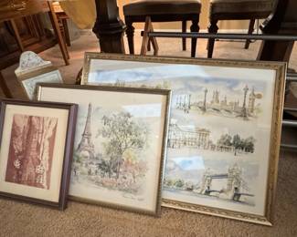 Collection of Three Framed Prints: Paris and London Cityscapes by Legai and Mads Stage