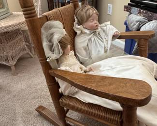Vintage Porcelain Bride and Groom Dolls in Rocking Chair - Franklin Heirloom