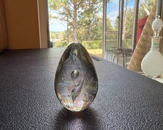 Art Glass Egg Paperweight with Internal Swirl and Bubbles