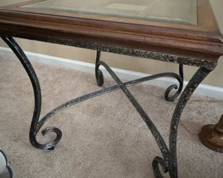 Wrought Iron and Wood Glass Top End Table