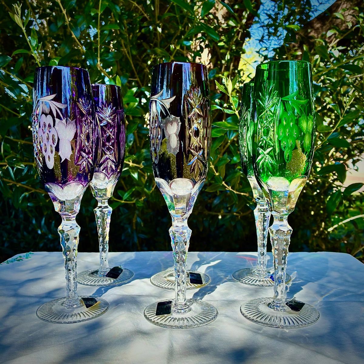 Ajka Marsala Set of 6 Vintage hand-blown RAINBOW cut to clear colored crystal champagne flutes
