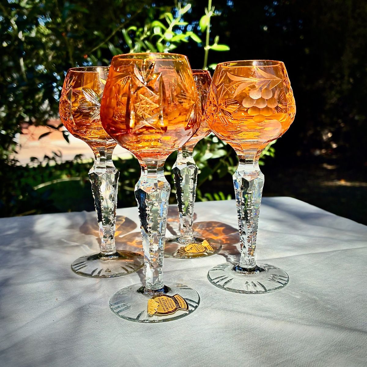 Ajka Marsala Set of 4 Vintage hand-blown ORANGE cut to clear colored crystal Wine Hock Goblets