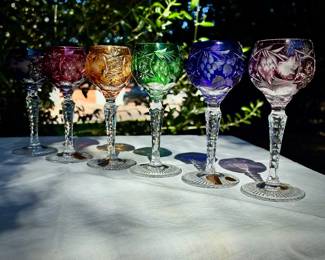Ajka Marsala Set of 6 Vintage hand-blown RAINBOW cut to clear colored crystal Wine Hock Goblets