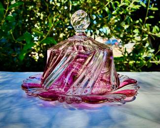 1930-40's Anchor Hocking "Old Cafe" covered candy dish in cranberry glass
