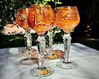 Ajka Marsala Set of 4 Vintage hand-blown ORANGE cut to clear colored crystal Wine Hock Goblets