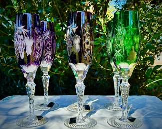 Ajka Marsala Set of 6 Vintage hand-blown RAINBOW cut to clear colored crystal champagne flutes