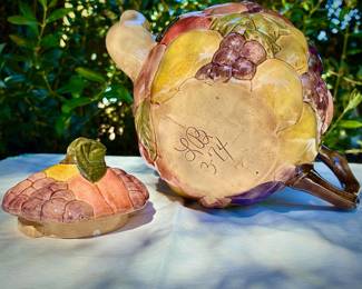 Signed "LB 3-74" Vintage Ceramic Teapot Embossed 3D Fruit