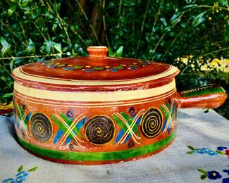 Vintage Folk Art Lidded Terracotta (red clay) casserole dish