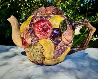 Signed "LB 3-74" Vintage Ceramic Teapot Embossed 3D Fruit