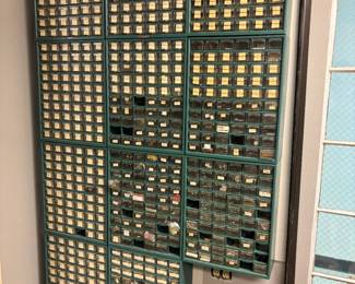 Huge Vintage Electronic Component Lab Inventory - 1% Precision Resistors, Capacitors, Transistors, Relays - 1000s of Parts in Organized Cabinets