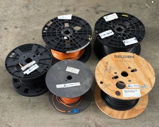Lot of 5 Partially Full Wire Spools including Belden 1505A 010 75 Ohm SDI Coax, Belden 1694A 010 75-ohm RG-6/U type coaxial cable, Belden 1855A is a 75 Ohm, 23 AWG Mini RG-59, 6G-SDI, (2) Corning 62.5/125 Multimode Fiber Optic Zipcord Cable