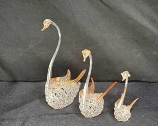 3 Spun Art Glass Swan Figurines