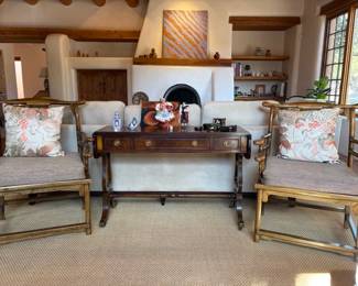 Pair of antique Chinese hardwood chairs and Federal style console table