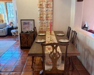 Contemporary trestle dining table, 96" x 42", with seperate vintage chairs