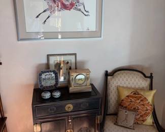 Vintage Chinese lacquer and brass cabinet, Victorian mantle clock and Carol Grigg