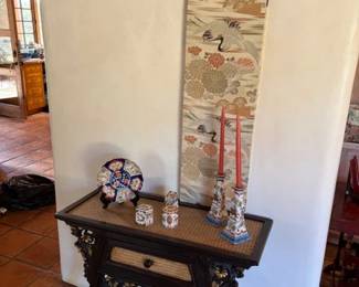 Asian style side table and tapestry