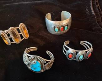 Older Dine/Navajo sterling, turquoise, coral and tiger eye cuffs, unsigned
