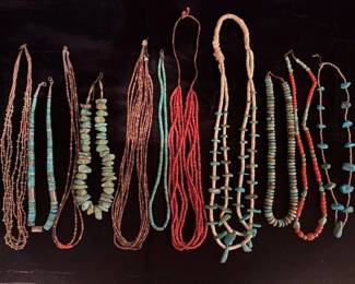 Fine Santo Domingo necklaces - sterling, heishi, turquoise, coral, ca 1960