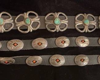 Older Dine/Navajo sterling, turquoise and coral concho belts, unsigned