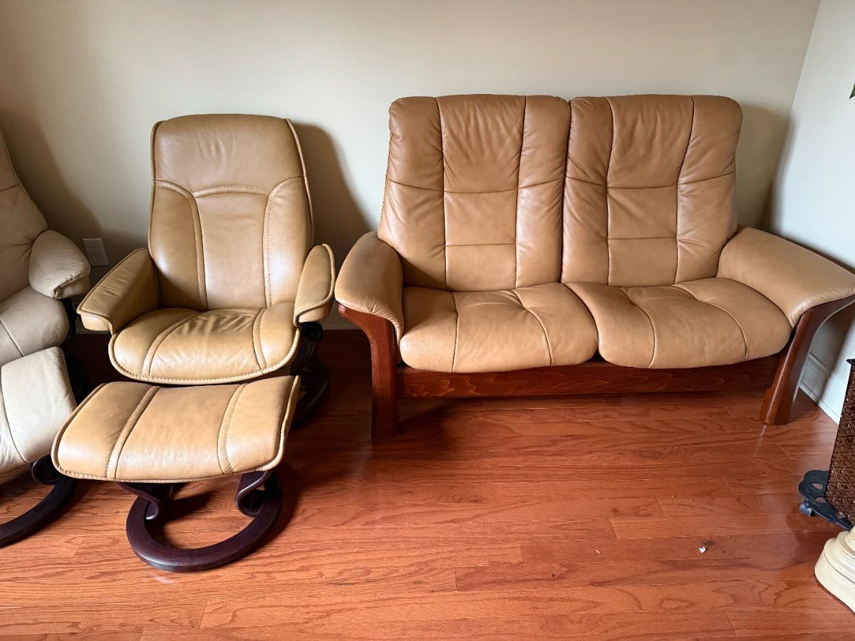 #1	Stressless loveseat tan leather	 $400.00    Chair sold 				   	 	 