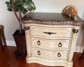 #5	cream painted 3 drawer chest with marble top 34x18x33	 $200.00 			