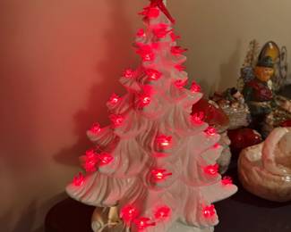 #60	White Ceramic Christmas Trees w/red bird Lights - 16" Tall (missing one bird and star top is broken)	 $75.00 			