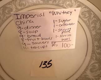 #135	Imperial "Whitney" China - 58 pieces	 $100.00 			