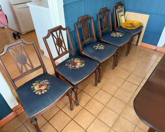 8 Antique mahogany Sheraton chairs with embroidered seats!