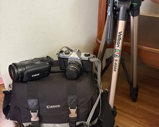 K1000 35mm film Camera - Canon Camcorder - Velbon S-6000 Camera tripod 