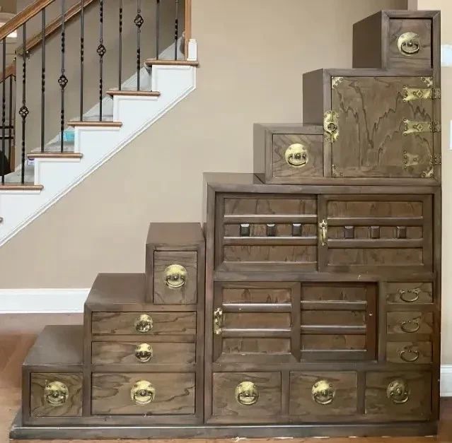 001 AsianInspired Step Tansu Chest  MultiDrawer Cabinet with Brass Hardware