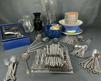 Vintage Flatware  Entertaining Lot  Twisted Handle Set, Bar Tools, Glassware  Dishes